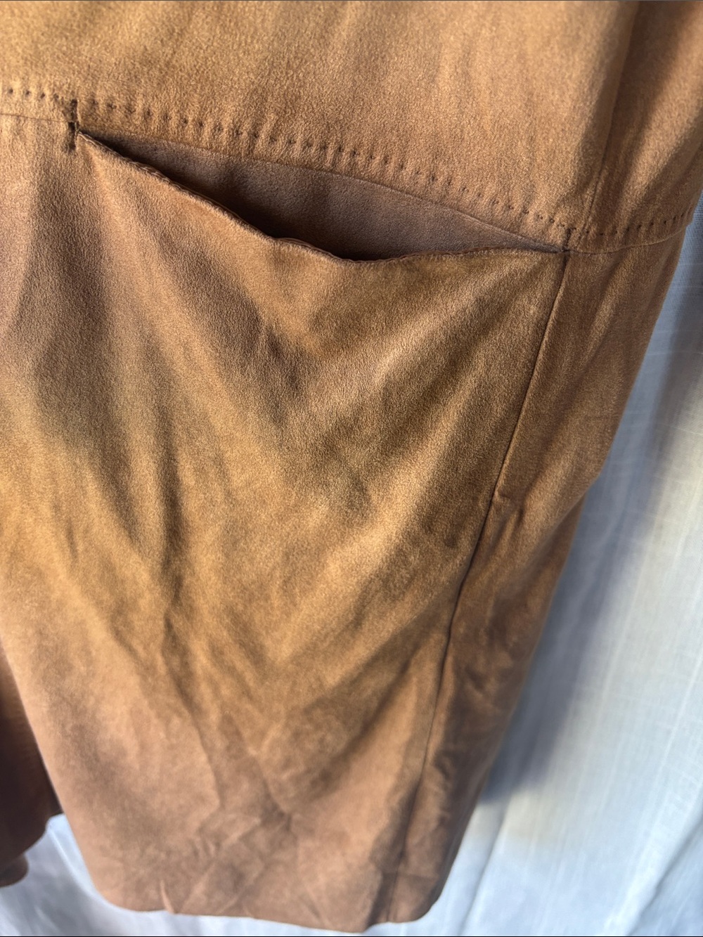 Max Studio Camel Faux Suede Open-Front Draped Trench Coat - Picture 6 of 10